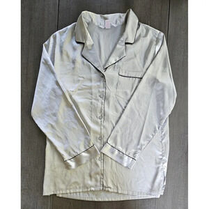 Victoria's Secret Pajama Top Silver Grey Satin Button Up Long Sleeve Small